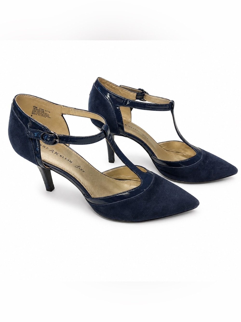 Anne Klein i-flex Navy Suede T-Strap Pointed Toe Pumps